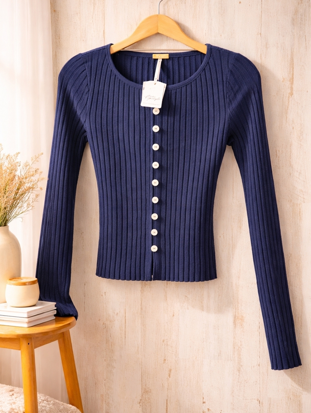 Free People Ribbed Button-Front Navy Cardigan